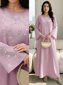 Al Najma Women's Rhinestone Decor Round Neck Long Sleeve Elegant Arabic Style Dress - Mauve Purple - View 2