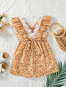 SHEIN Vintaside Kids 2025夏季新款女童碎花荷葉袖V領收腰露背A字洋裝，鄉村風時尚女童裙 - 彩色 - 查看 2
