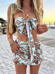 INAWLY Conjunto de 2 piezas de top tubo corto y mini falda con estampado floral y lazo para vacaciones casual de mujer - Verde - Ver 3
