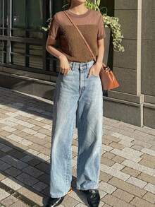 FRIFUL Women's Summer Solid Color Patchwork Sheer Mesh Slim Fit Versatile T-Shirt Going Out Tops - Brown - View 5