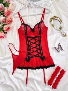 PetitDoll Bộ đồ lót ren phối ren gợi cảm 3 món dành cho nữ - Đỏ - Xem 4