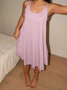 EasyFave Women's Pink Fine Ribbed Spaghetti Strap Nightgown - Purple - View 5