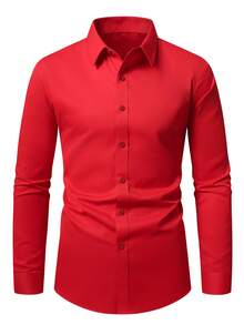 Manfinity Mode Men's Solid Color Single-Breasted Casual Long Sleeve Formal Shirt, Ceremony - Red - View 3