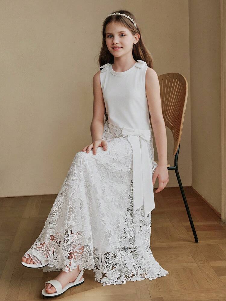 Girls' Lace Patchwork Solid Color Bow Tie White Vest Dress, Summer