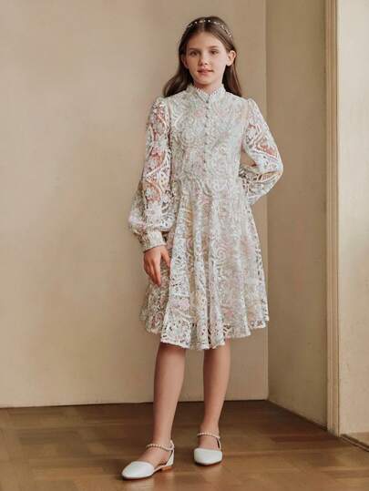 Anewsta Girls' Elegant Colorful Water-Soluble Lace Fabric A-Line Dress, High Waist Stand Collar Floral Print Long Sleeve Dress, Spring/Summer