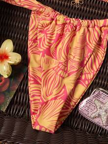 Swim Mod 女款粉橘花卉印花比基尼兩件式泳衣，海灘度假夏季熱帶風 - 橘色 - 查看 8