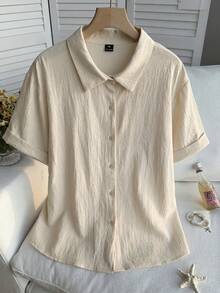 SHEIN Comfortcana Plus Size Casual Solid Color Shirt, Summer - Apricot - View 6