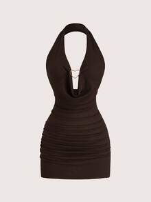 SHEIN Franclia 咖啡色简约性感时尚百搭都市商务宴会办公职场连衣裙，适合情人节、约会、派对、海滩、日常穿着，休闲优雅经典流行短款修身A字连衣裙，女士 - 咖啡 - 查看 4
