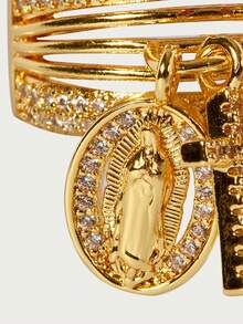 Glisma 1pc New Arrival Side-Set Little Heart Cross Religious Charm Rings Pave Zirconia Multi-Loop Adjustable Open Rings - Gold - View 2