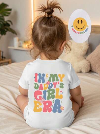 SHEIN Playful Pals 女婴休闲时尚创意笑脸、彩色标语和字母图案印花短袖连体衣