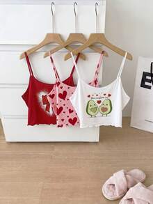 Slumberry CURVE 3pcs/Set Cute Avocado Heart Bow Print Camisole Plus Size Women Sleepwear Top - Multicolor - View 7