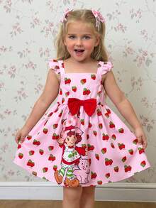 Strawberry Shortcake X SHEIN Young Girl Strawberry Print Dress With Bow Decor And Flutter Sleeves - Pink - View 4