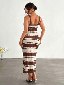 Firerie Plus Size Women Vacation Striped Bodycon Sexy Spaghetti Strap Knit Dress Fall - Coffee Brown - View 9