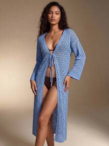 SHEIN 女士镂空和服罩衫，适合夏季海滩度假 - 淺藍色 - 查看 2