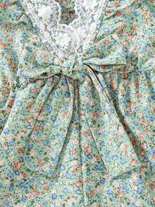 SHEIN Elladie kids 2025夏季新款女童碎花荷葉袖V領收腰露背A字洋裝，鄉村風時尚少女裙 - 彩色 - 查看 8