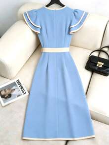 Franclia New Stylish Elegant Colorblock Split Hem Dress - Sky Blue - View 2