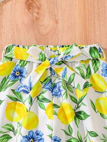 SHEIN Young Girl Vacation Solid Color Asymmetric Neck Camisole And Lemon Print Wide Leg Pants Set - Yellow - View 7