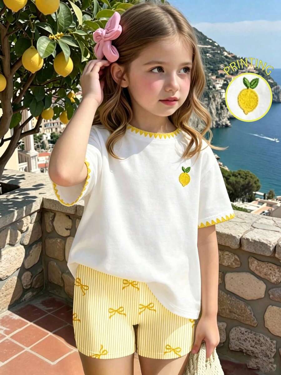 Young Girl Lemon Embroidery Short Sleeve T-Shirt And Shorts Set - Multicolor - View 1