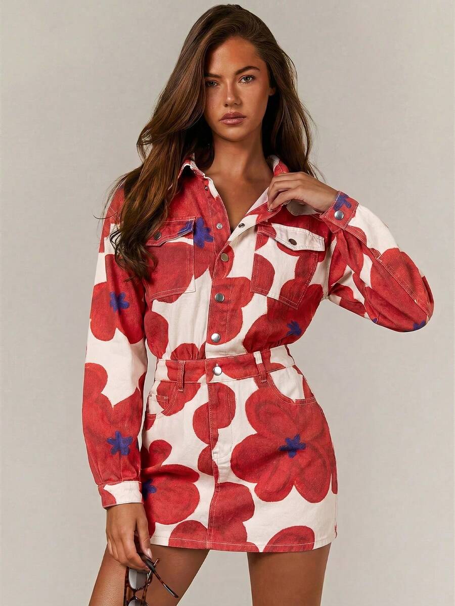 Athîral Denim 女士休闲碎花牛仔连衣裙,女士夏季牛仔连衣裙,碎花牛仔连衣裙,街头风 - 彩色 - 查看 1