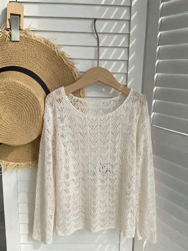 Tween Girl Solid Color Hollow Out Casual Versatile Beach Vacation Long Sleeve Swimsuit Top Summer