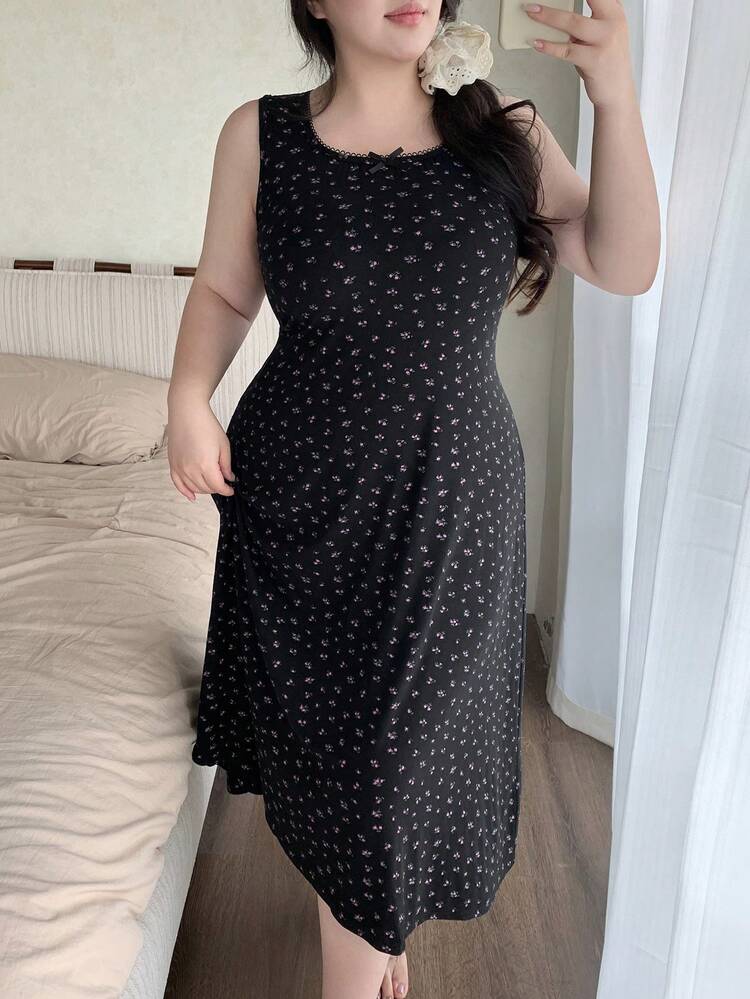 Dazy Plus Sweet Ditsy Floral Sleeveless Waist Cinched Dress, Elegant Plus Size Women Spring/Summer Nightgown