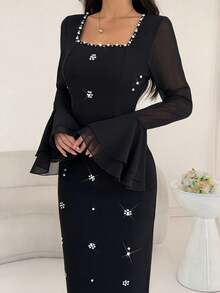Modelyn Petite Women Summer Black Long Sleeve Beaded Chiffon Flare Sleeve A-Line Dress,Elegent Autumn  Square-Neck Rhinestone Maxi Dress Bodycon  Mesh Long Flare - Black - View 3
