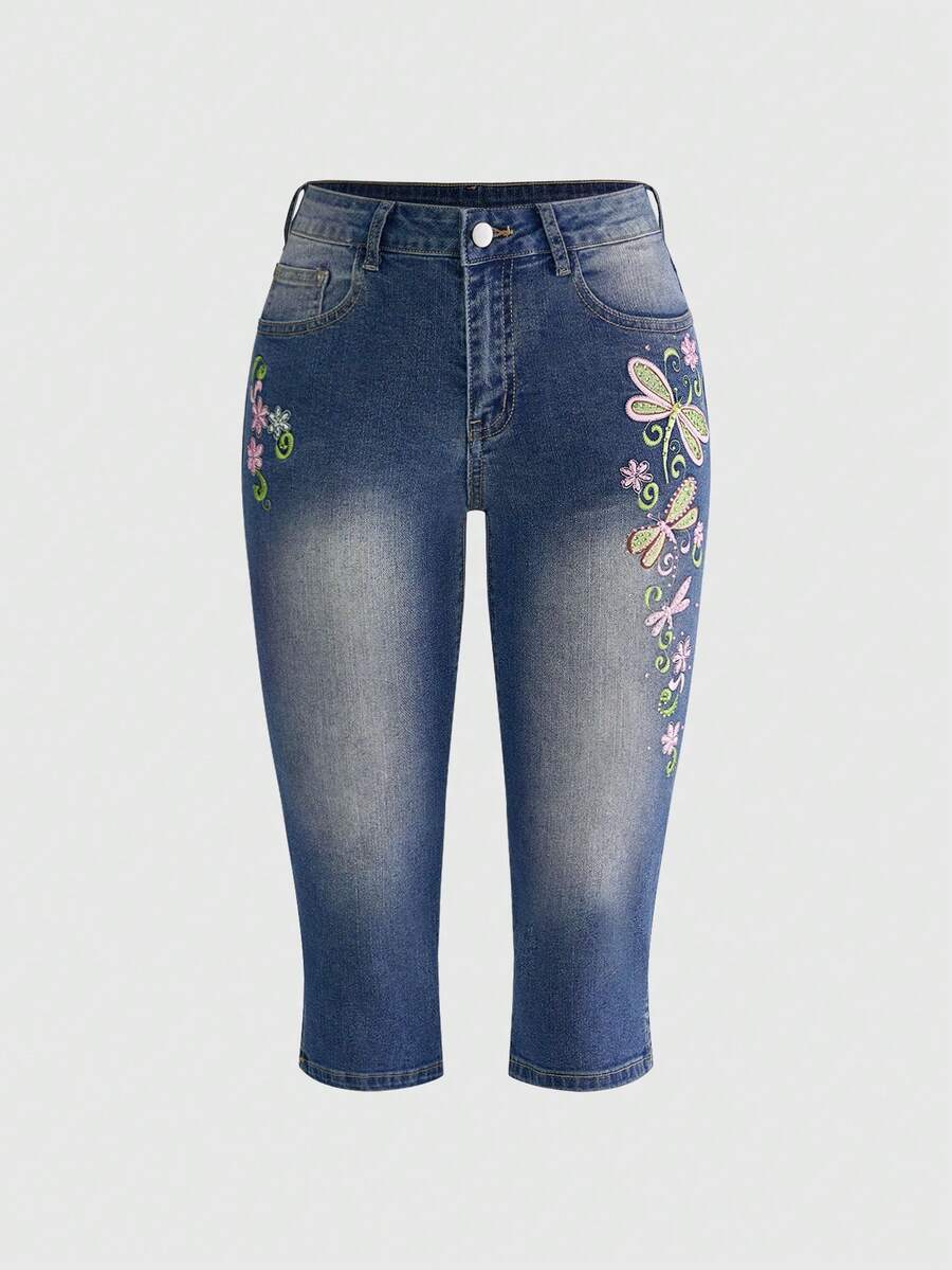 ROMWE Fairycore Women Y2k Summer Retro Butterfly Sequin Embroidery Capri Jeans - Blue - View 1