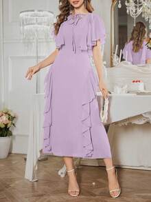 Modelyn French Design Ruffle Sleeve Tie-Front Dress - Purple - View 3