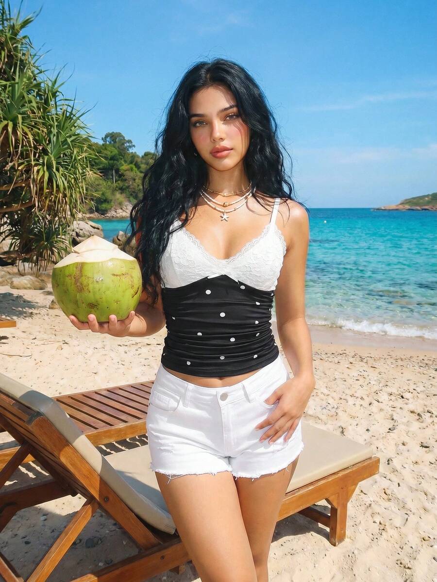 Sweetina 撞色蕾丝蝴蝶结Y2k吊带背心 - 黑與白 - 查看 1