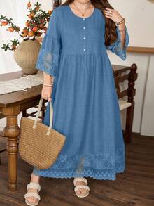 Lacomfia Plus Size Women Vintage Floral Lace Patchwork A-Line Dress Fall - Dusty Blue - View 5
