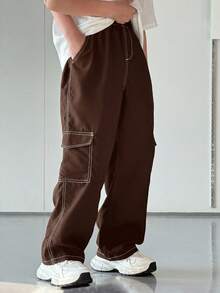 SHEIN 1pc Tween Boy Casual Sports Retro Straight Work Trousers With Pockets And Contrast Line For School,Back-To-School,Winter,All Shades Of Brown,Casual - Brown - View 6