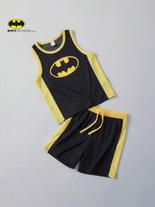 Maija Kids BATMAN X SHEIN Maija Kids 2pcs/Set Young Boy Summer Contrast Color Soft Round Neck Sleeveless Tank Top And Elastic Waist Shorts,Suitable For Sports,Competitions,Entertainment - Multicolor - View 4