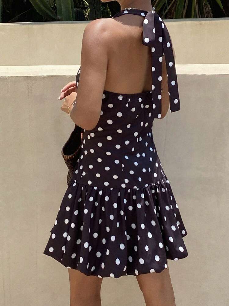 Polka Dot Halter Bodycon Mini Dress, Summer Vacation Dress For Women
