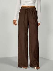 SHEIN Tall Loose Drawstring Waist Trousers In Textured Crinkle Fabric - Chocolate Brown - View 4
