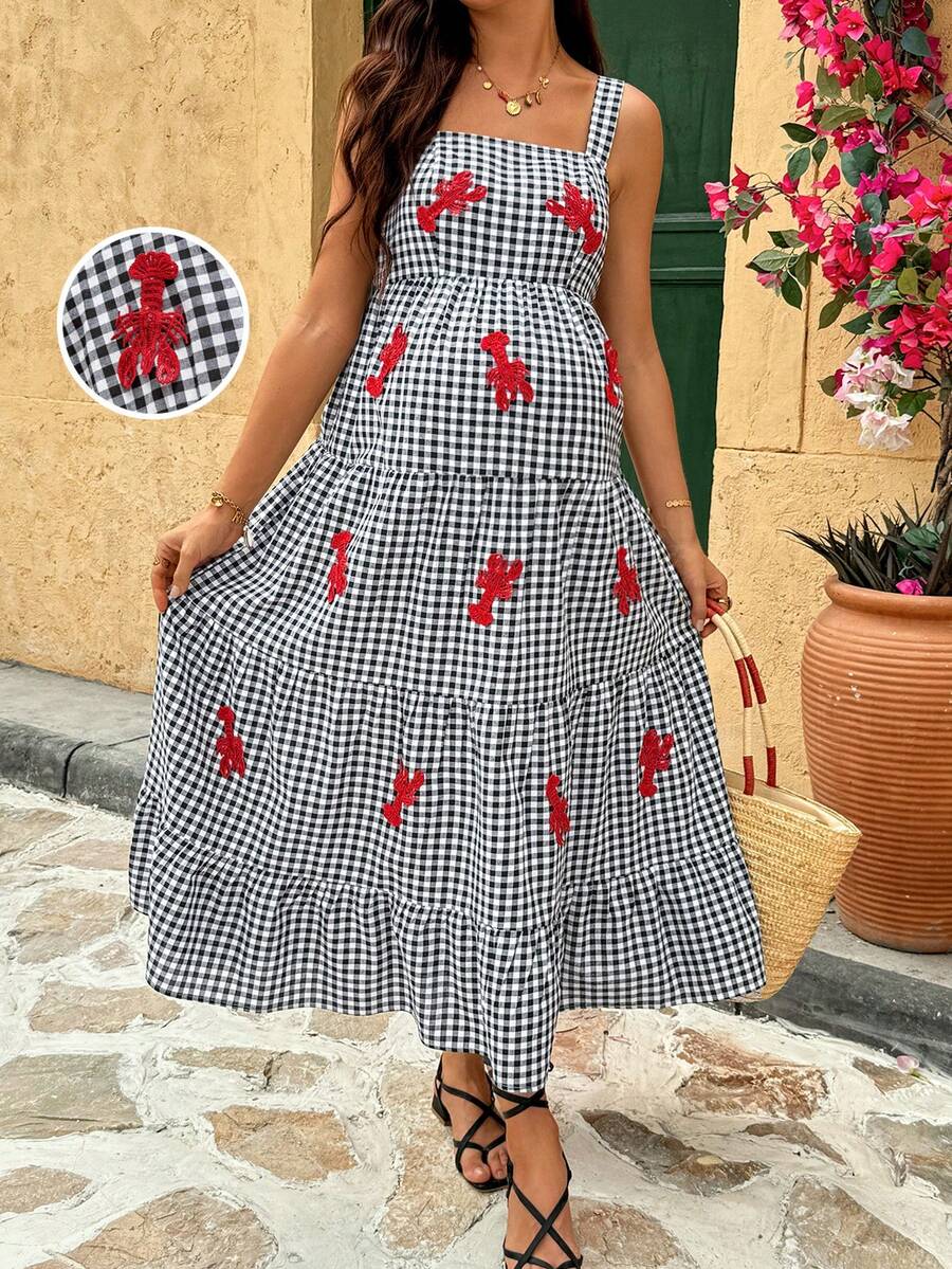 SHEIN Vestido casual de maternidad con estampado de cuadros y bordado de langosta - Multicolor - Ver 1