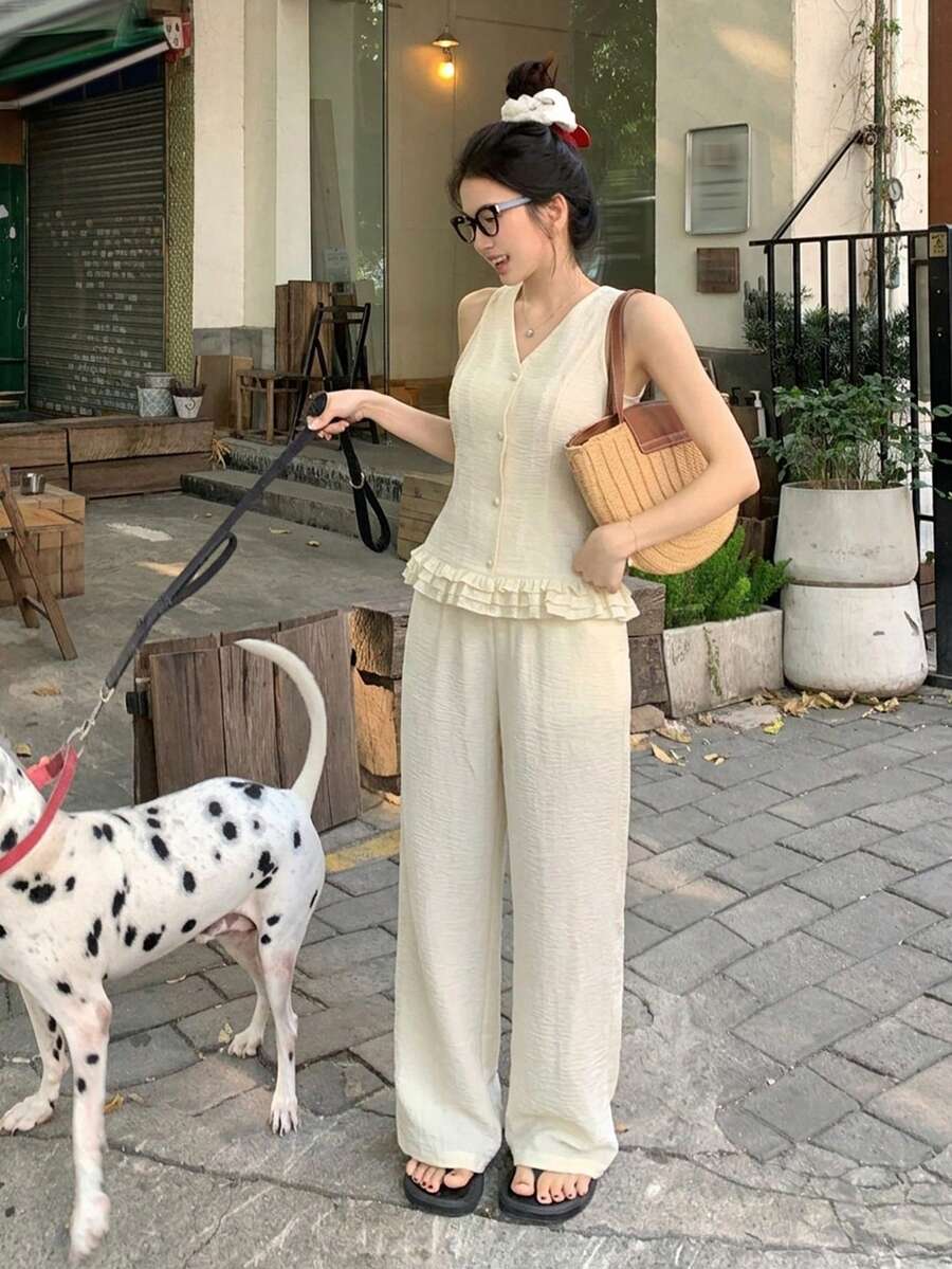 DAZY 春夏修身荷叶边无袖背心开衫上衣搭配直筒休闲裤套装，优雅通勤装，甜美风格女装 - 米色 - 查看 1