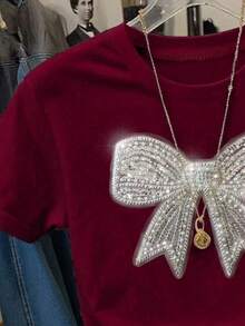 Tween Girls' Short Bow & Rhinestone Graphic Fitted Short Sleeve Round Neck T-Shirt, Casual Chic For Summer, Burgundy - Pink - View 5