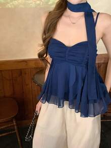 DAZY Áo camisole nữ màu trơn buộc dây kiểu dáng thường ngày với viền bèo nhún kiểu Hàn Quốc. - Màu xanh lam - Xem 11