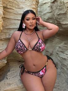 Swim SXY 大尺碼女款黑色印花掛脖式坦基尼上衣搭配側綁帶泳褲，流蘇熱帶休閒海灘度假泳裝套裝，夏季 - 彩色 - 查看 7