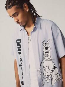 SCOOBY-DOO X SHEIN Men's Striped Short Sleeve Single-Breasted Shirt - Light Grey - View 6