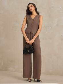 SHEIN Tall Bộ đồ nữ thường ngày gồm áo ba lỗ cổ chữ V và quần dài, thích hợp cho mùa xuân/hè. - Màu nâu Sô-cô-la - Xem 3
