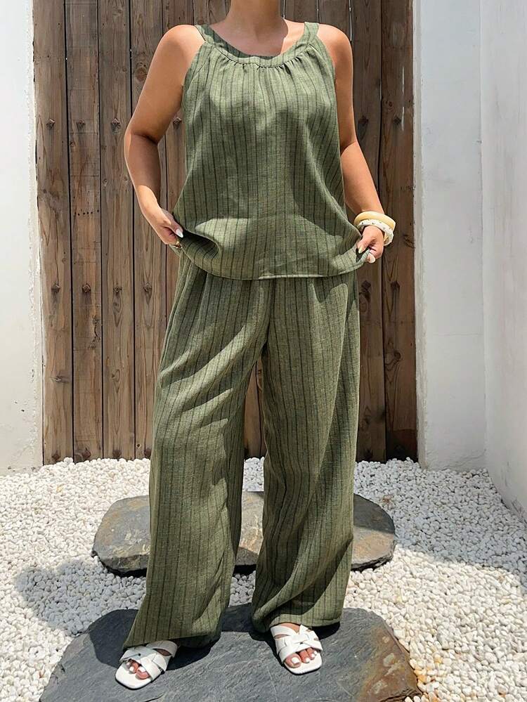 Dazy Plus Minimalist Striped Sleeveless Casual Loose Camisole Top And Long Pants Plus Size Women Spring/Summer Green Pajama Set