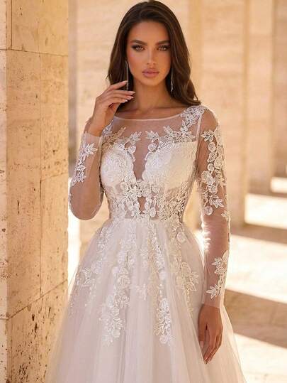Glamrae Váy cưới dài tay màu trắng thanh lịch, sang trọng, lãng mạn, cổ chữ V, chất liệu ren Pháp, phối lưới, xếp ly, hở lưng, dáng chữ A, dài đến sàn.
