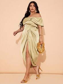 SHEIN BAE Plus Size Women Elegant Draping Mid-Length Dress, Suitable For Weddings, Bridesmaid, Cocktail And Formal Occasions - Light Yellow - View 5