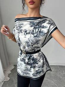 GlowEve Blus Wanita Modis dan Elegan dengan Motif Lukisan Tinta, Kerah Miring, Lengan Kelelawar, dan Longgar - MultiWarna - View 4