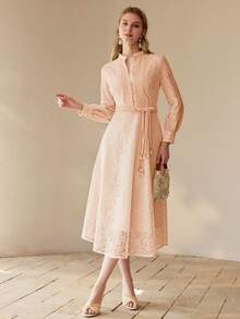 MOTF PREMIUM VESTIDO ELEGANTE DE ENCAJE Y PARCHES DE LONGITUD MEDIA PARA MUJER - Rosa vieja - Ver 4