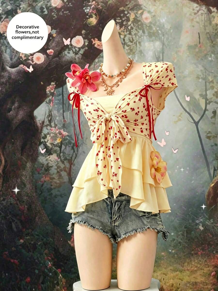 EgrlEra Camiseta de manga corta con estampado floral romántico para mujer - Amarillo - Ver 1
