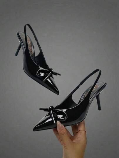 Zapatos de tacón alto para mujer, de punta afilada, tipo stiletto, adornados con lazos, de charol, adecuados para fiestas y ocasiones de trabajo.