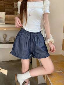 DAZY 女士荷叶边波点休闲宽松短裤 - 藍色 - 查看 5