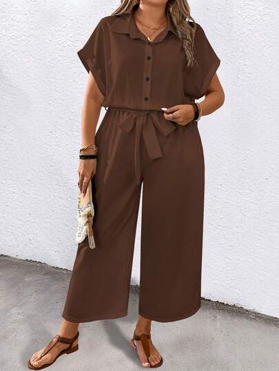 SHEIN LUNE CURVE Plus Size Printed Tie-Waist Short Sleeve Jumpsuit